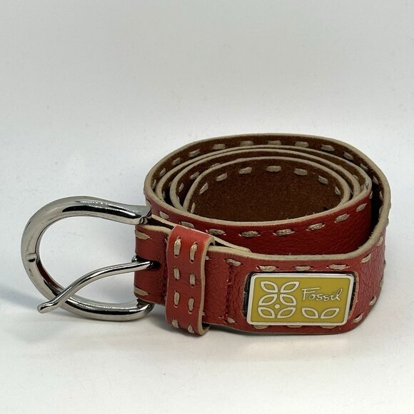 Fossil Women's Size Medium Orange Genuine Leather Thick Stitch Adjustable Belt - Picture 1 of 11